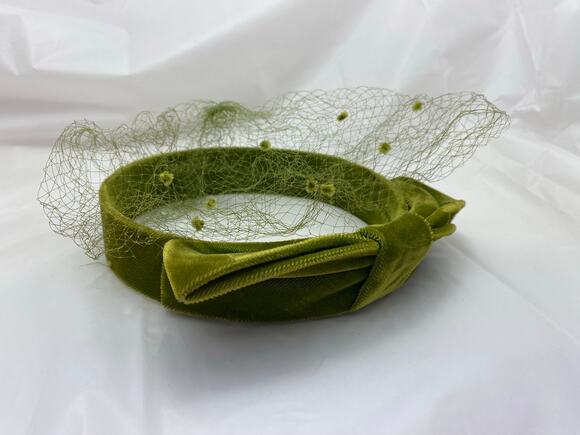 None and/or Unknown Accessories - Vintage Olive Green Velvet Headband Fascinator Birdcage Veil Bow 6.5"